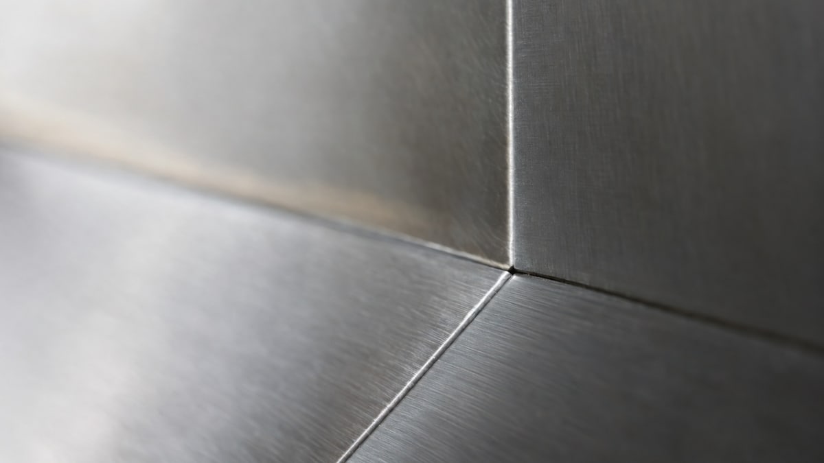 An abstract study: three brushed steel surfaces meeting, diffuse daylight across their seams