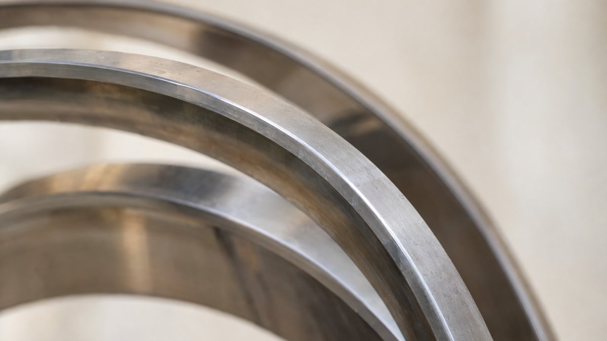 An abstract study: overlapping stainless arcs against a softly blurred cream background